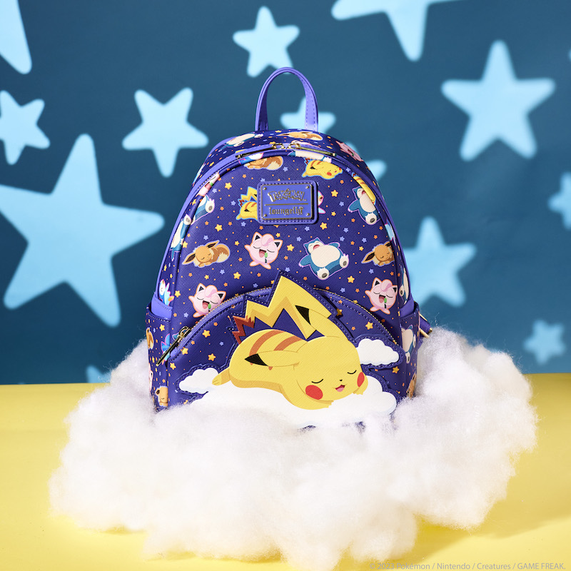 Purple mini backpack featuring sleeping Pokémon all over and Pikachu asleep on a cloud on the front pocket. Backpack sits on a pretend cloud with a blue background of stars.